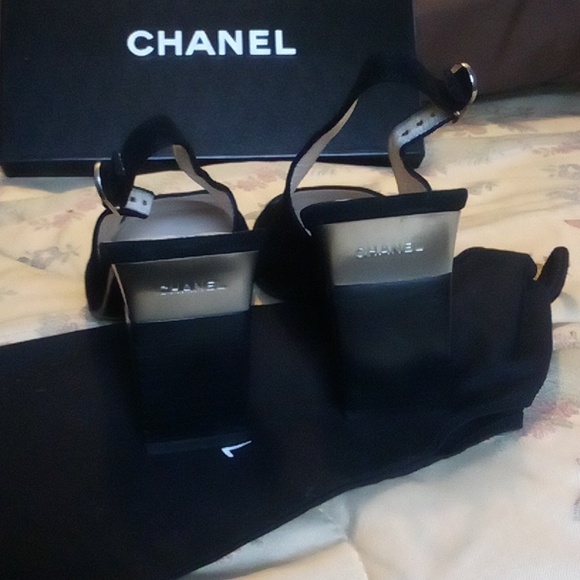 Chanel Cambon sling back shoes 37.5 = 7.5 USA black w/ blk patent toe - Picture 11 of 16